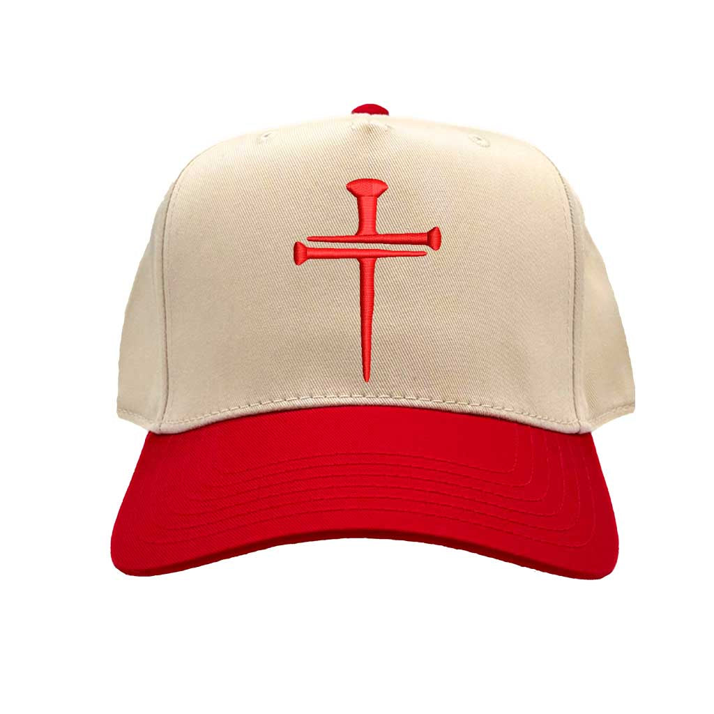 Natural Red Nail Cross 3D Puff Two-Tone Baseball Hat featuring a raised nail cross on a structured natural crown with a contrasting visor; a premium faith statement by DSY Lifestyle.