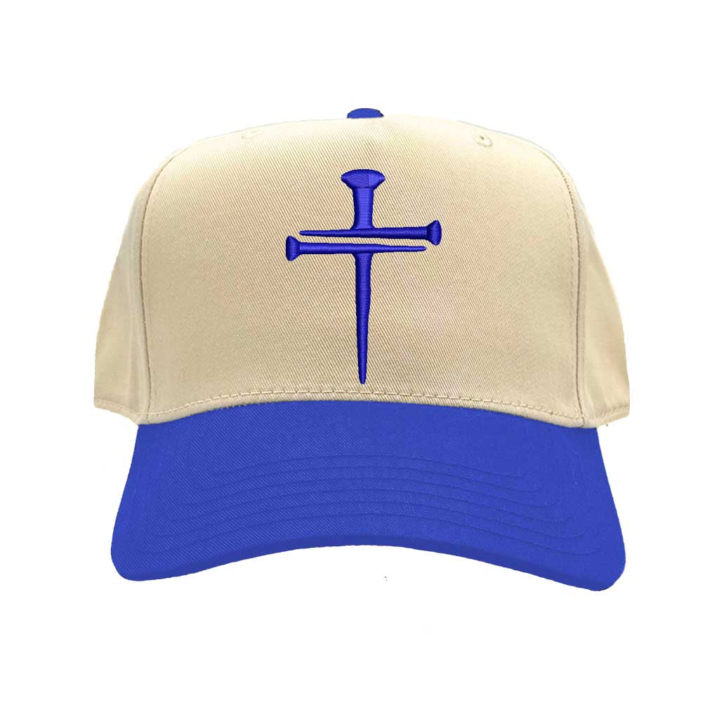 Natural Royal Blue Nail Cross 3D Puff Two-Tone Baseball Hat featuring a raised nail cross on a structured natural crown with a contrasting visor; a premium faith statement by DSY Lifestyle.