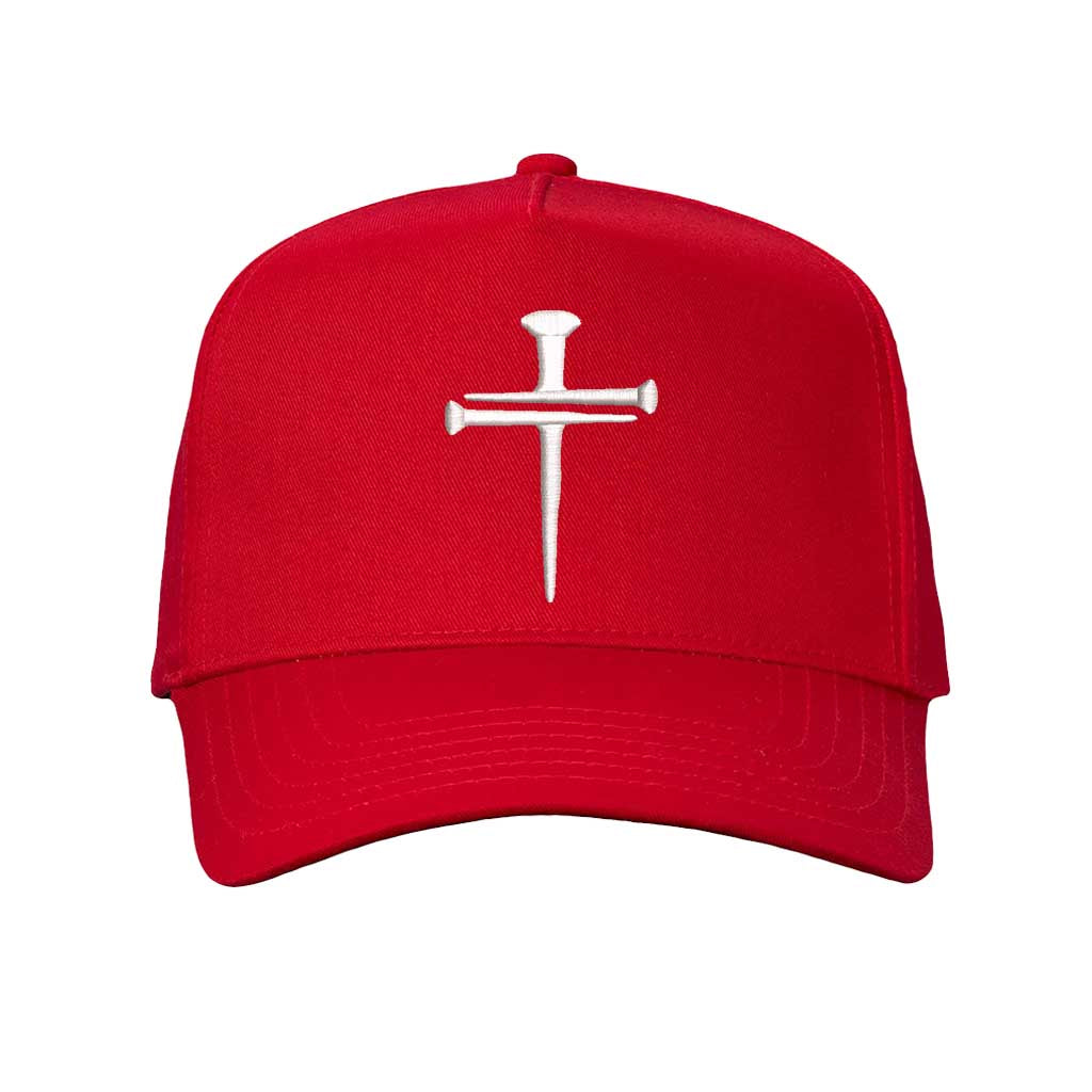 Solid Red Nail Cross 3D Puff Two-Tone Baseball Hat featuring a raised nail cross on a structured crown and corresponding visor; a premium faith statement by DSY Lifestyle.