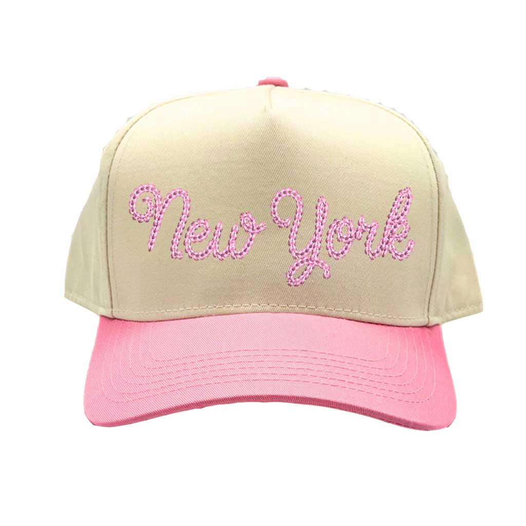 Natural Light Pink embroidered 5-panel baseball cap with a two-tone design, featuring a structured fit and adjustable strap - DSY Lifestyle