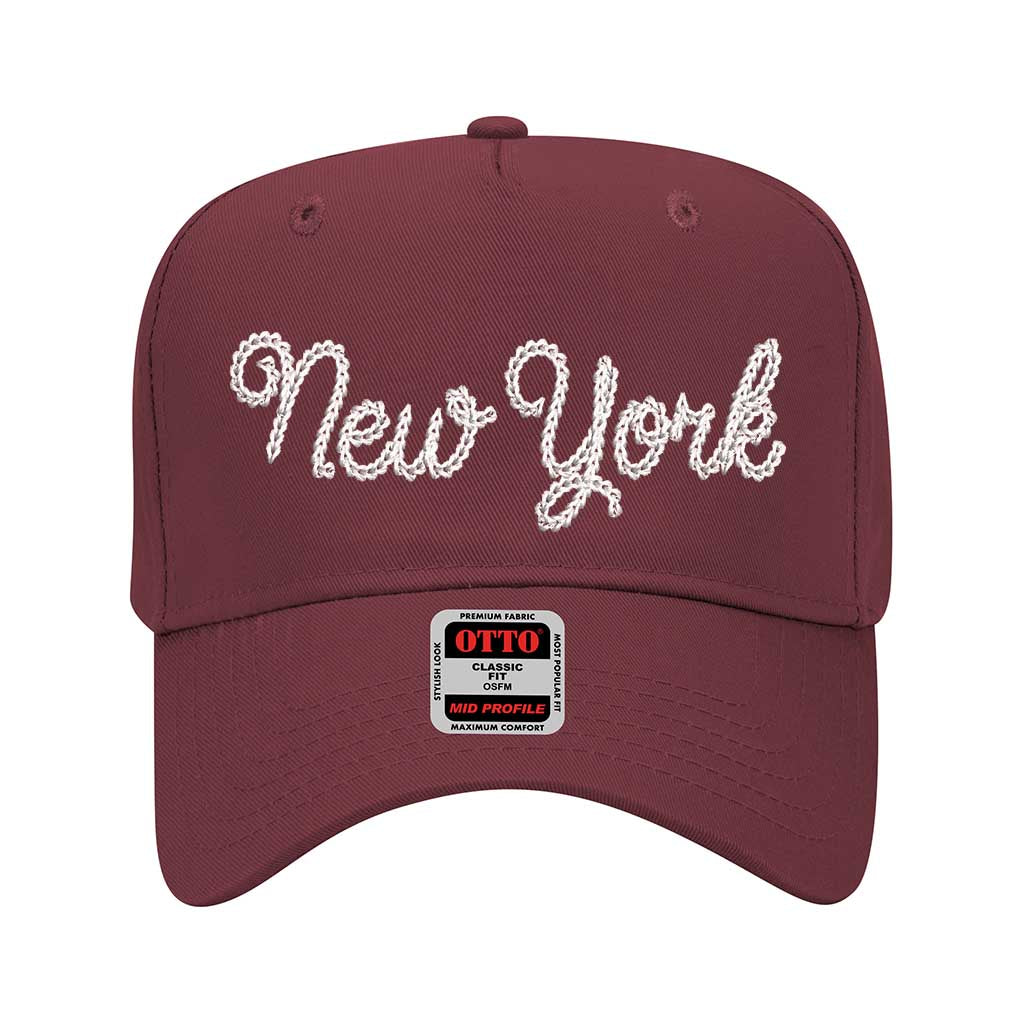 Burgundy New York Chain Stitch Solid 5 Panel Baseball Hat – A bold, embroidered cap with a minimalist design, perfect for repping NYC in style – DSY Lifestyle
