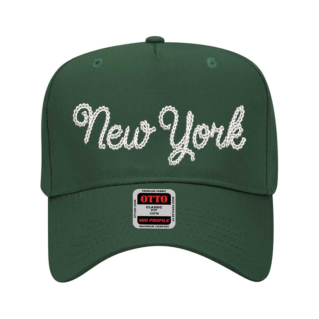 Forest Green New York Chain Stitch Solid 5 Panel Baseball Hat – A bold, embroidered cap with a minimalist design, perfect for repping NYC in style – DSY Lifestyle