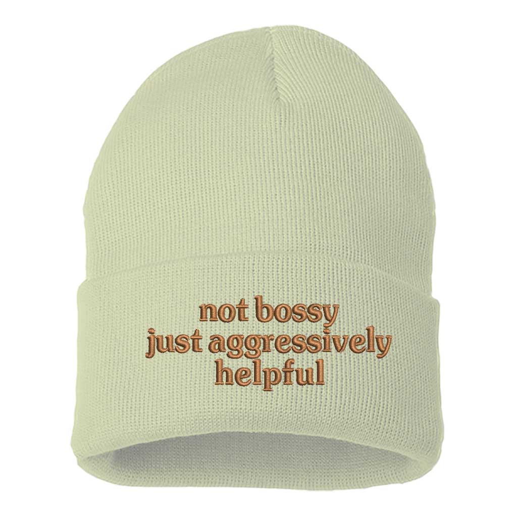 Cram/brown thread beanie embroidered with the phrase not bossy just aggressively helpful-DSY Lifestyle