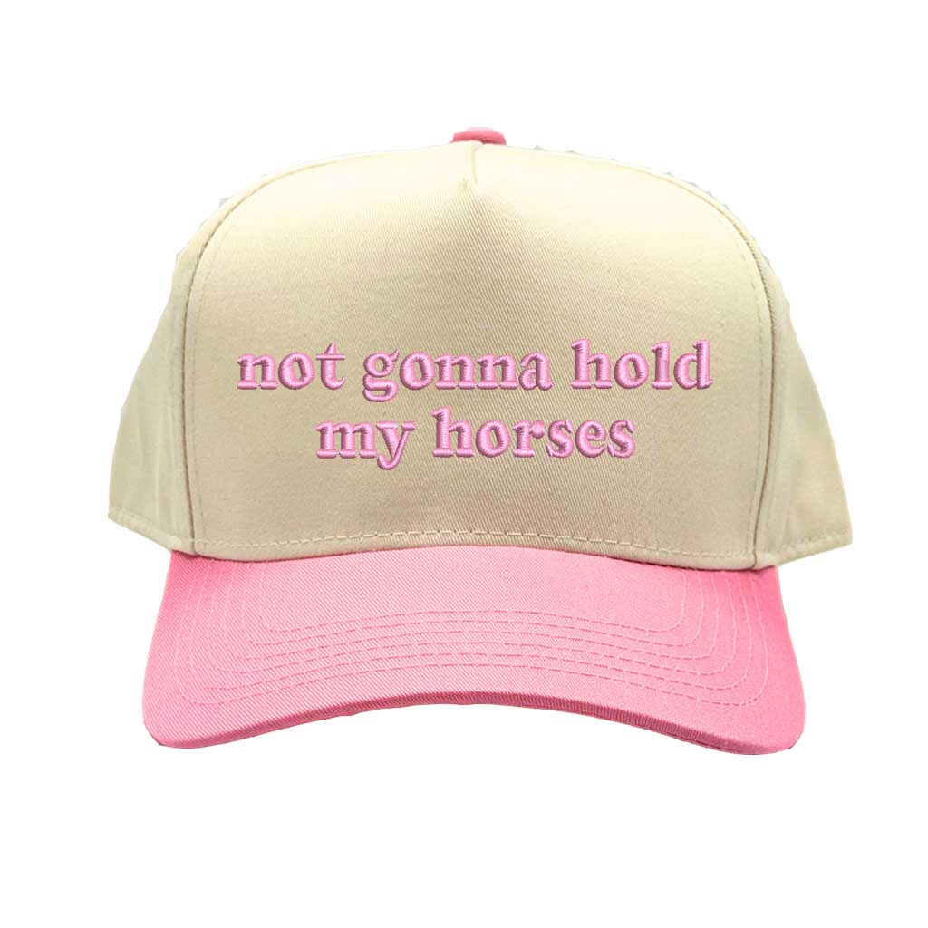 Natural Light Pink Two-tone 5-panel baseball hat with "Not Gonna Hold My Horses" embroidered on front, designed for trendy casual outfits and Western-inspired streetwear. - DSY Lifestyle.