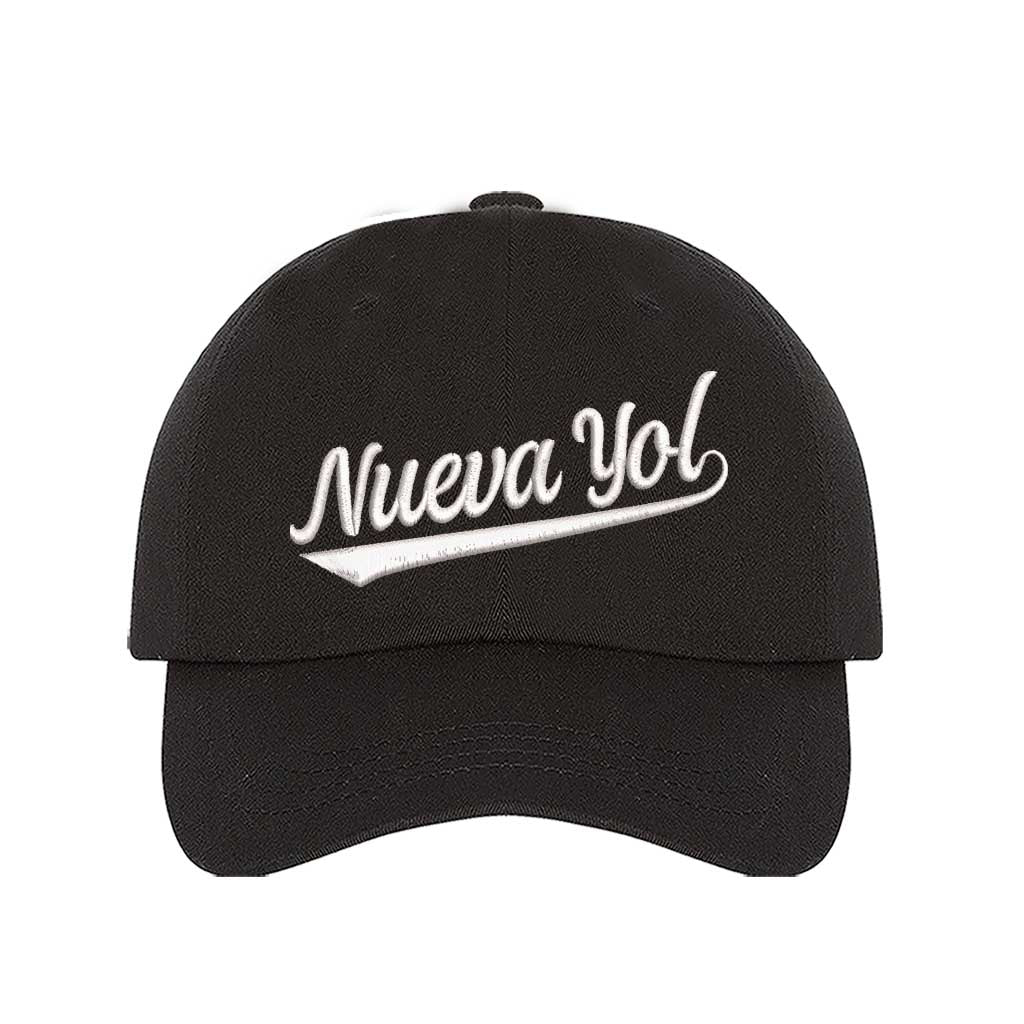 Black detailed close-up of the premium thread embroidery showing the clean lines of the Nueva Yol text on textured fabric. - DSY Lifestyle