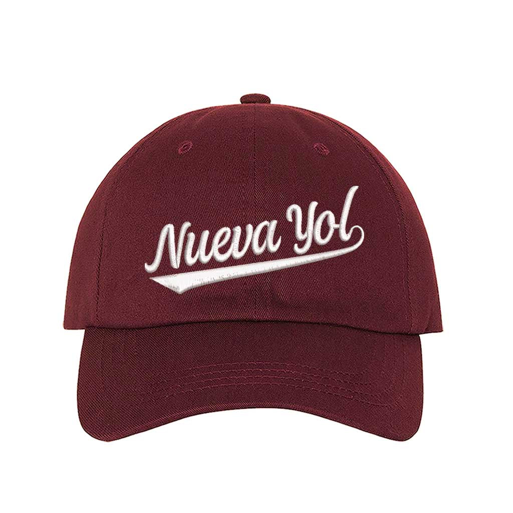 Burgundy detailed close-up of the premium thread embroidery showing the clean lines of the Nueva Yol text on textured fabric. - DSY Lifestyle