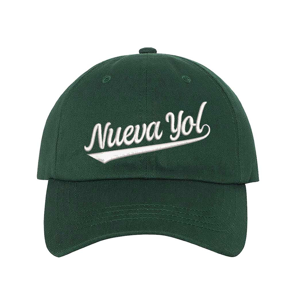 Forest green detailed close-up of the premium thread embroidery showing the clean lines of the Nueva Yol text on textured fabric. - DSY Lifestyle