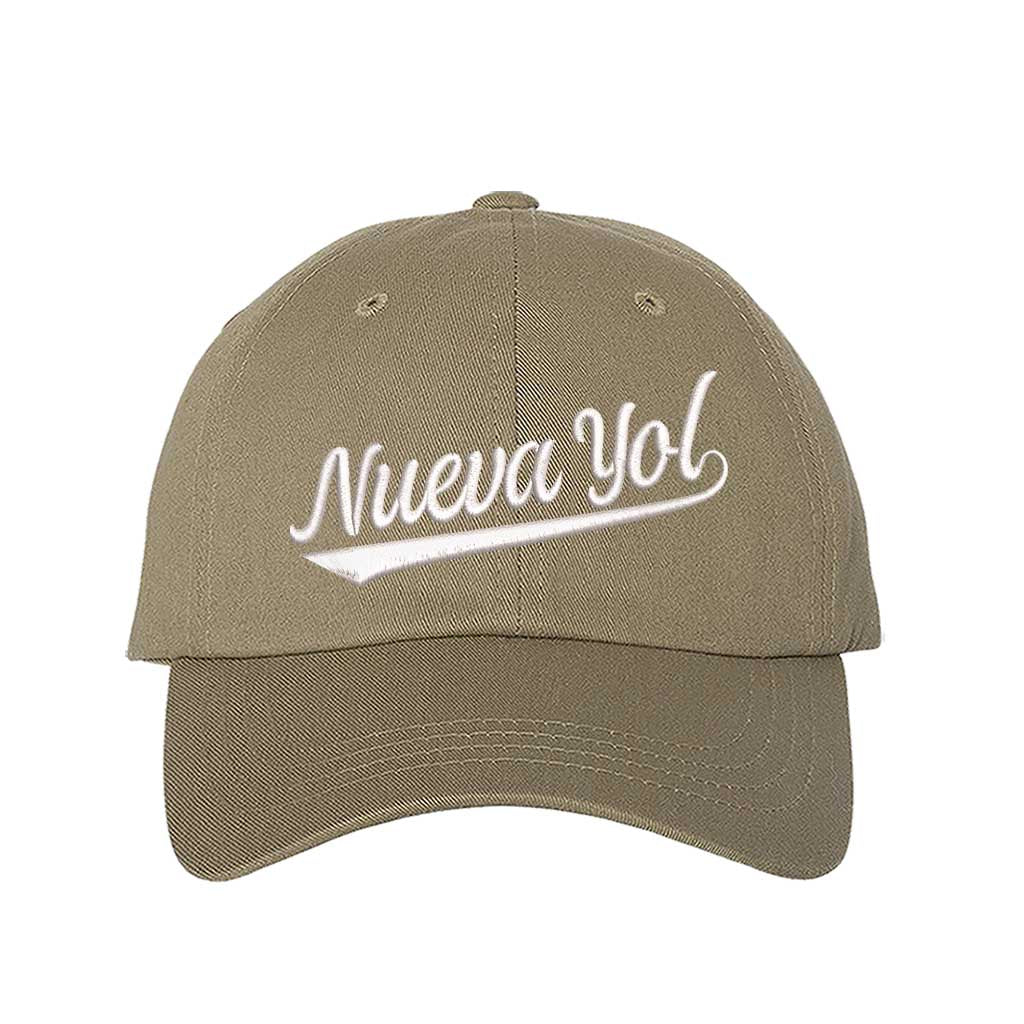 Khaki detailed close-up of the premium thread embroidery showing the clean lines of the Nueva Yol text on textured fabric. - DSY Lifestyle