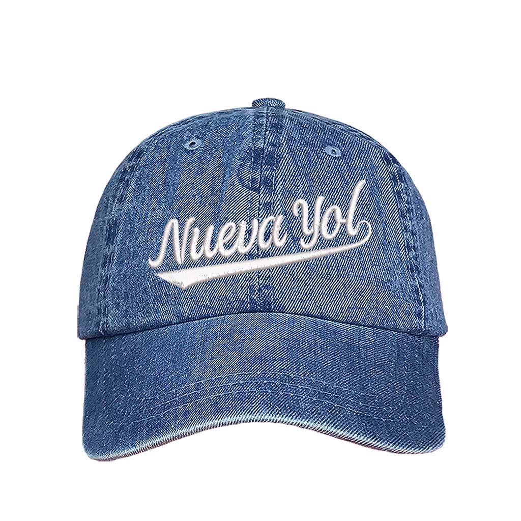 Light denim detailed close-up of the premium thread embroidery showing the clean lines of the Nueva Yol text on textured fabric. - DSY Lifestyle