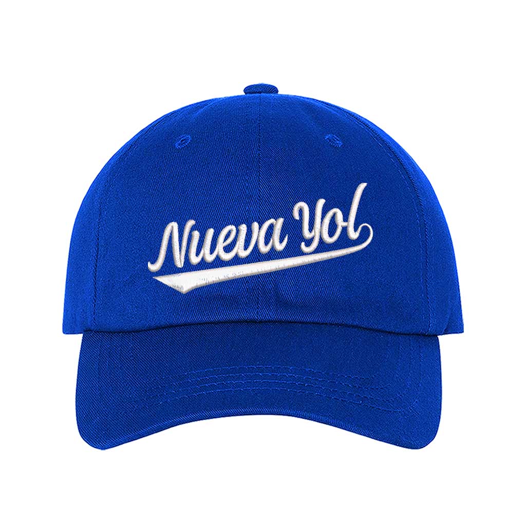 Royal Blue detailed close-up of the premium thread embroidery showing the clean lines of the Nueva Yol text on textured fabric. - DSY Lifestyle