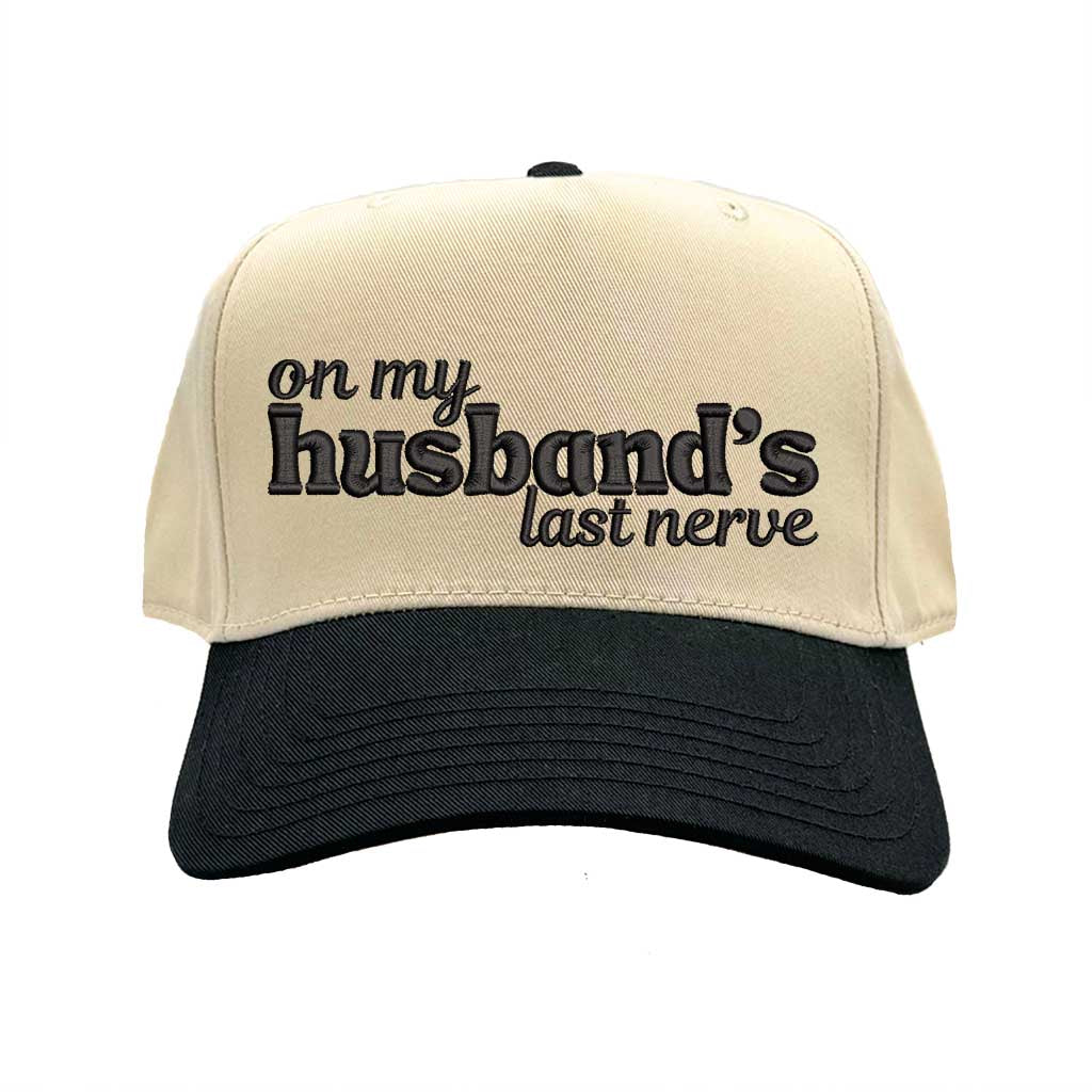 Natural Black Funny “On My Husband’s Last Nerve” Two-Tone 5-Panel Baseball Hat with adjustable strap and bold statement text – DSY Lifestyle.