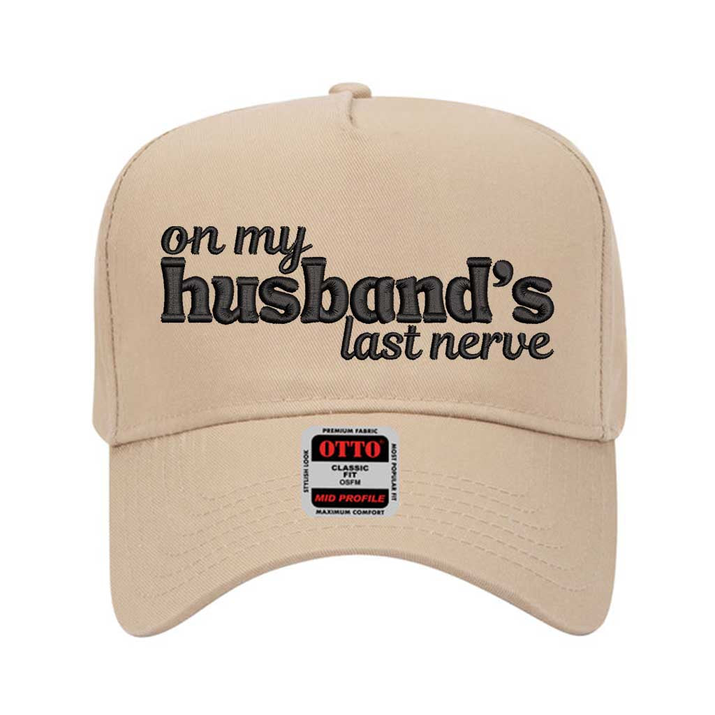 Solid Khaki Funny “On My Husband’s Last Nerve” 5-Panel Baseball Hat with adjustable strap and bold statement text – DSY Lifestyle.