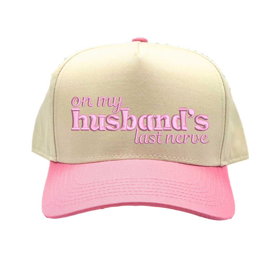 Natural Light Pink Funny “On My Husband’s Last Nerve” Two-Tone 5-Panel Baseball Hat with adjustable strap and bold statement text – DSY Lifestyle.