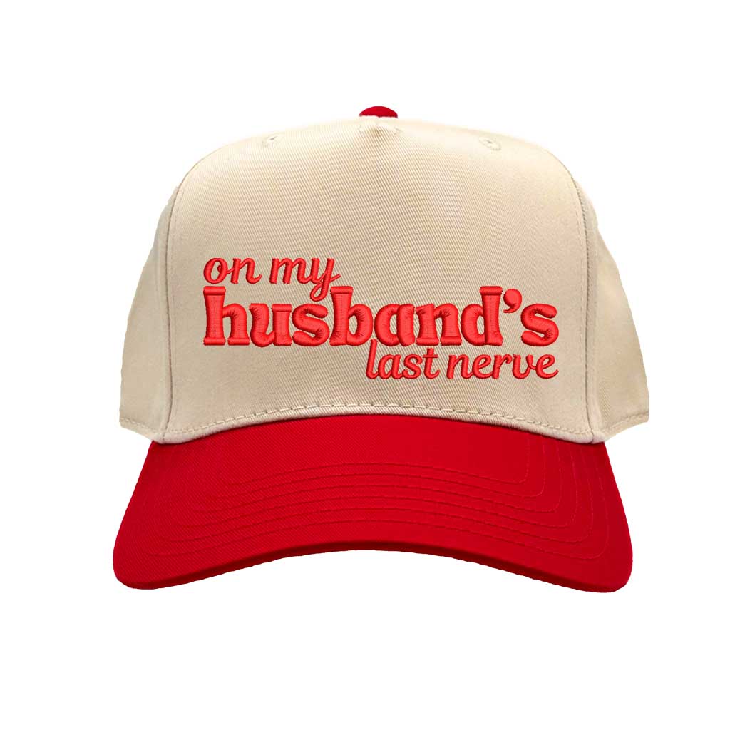 Natural Red Funny “On My Husband’s Last Nerve” Two-Tone 5-Panel Baseball Hat with adjustable strap and bold statement text – DSY Lifestyle.