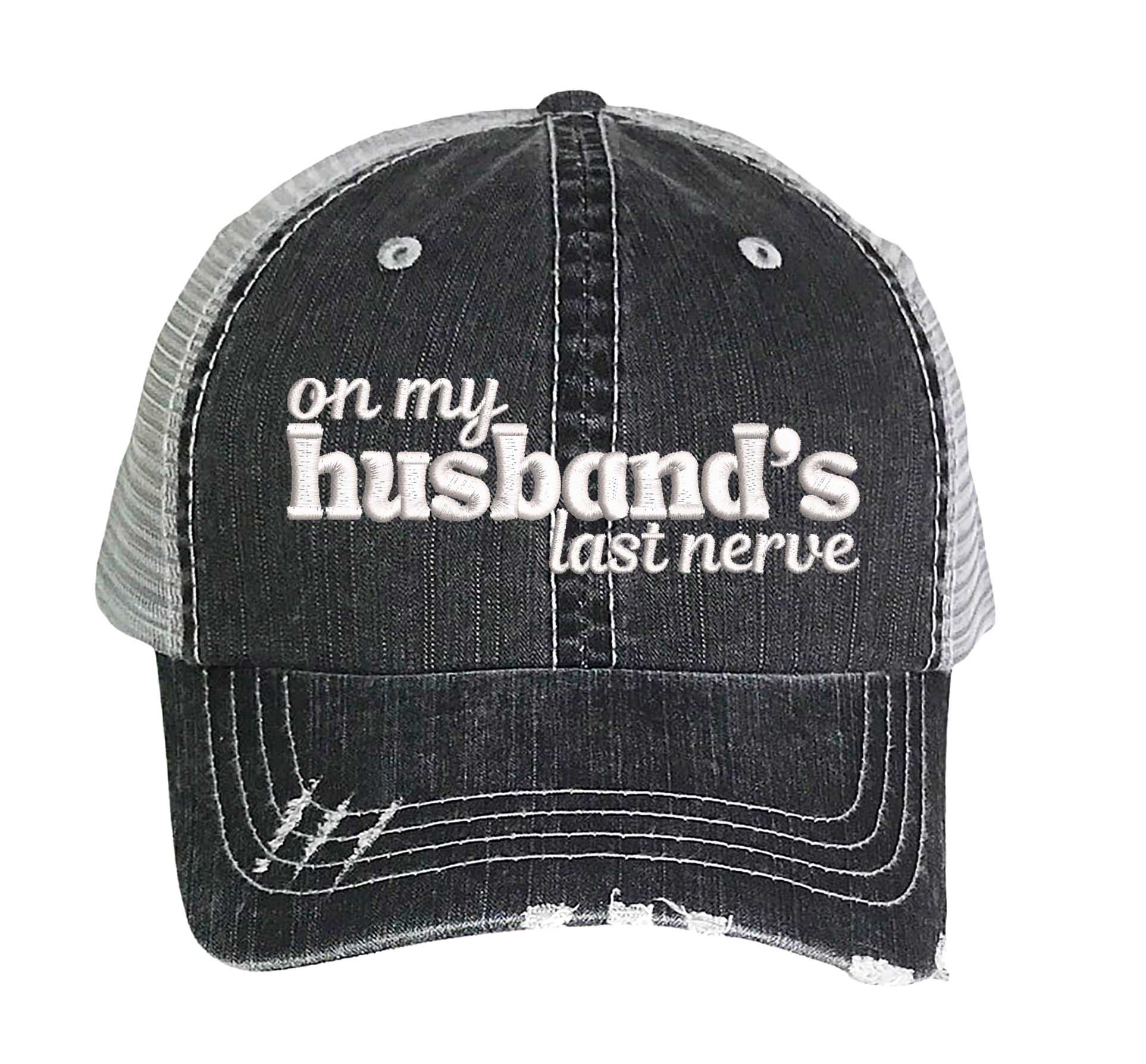Black On My Husband’s Last Nerve Distressed Trucker Hat. This premium vintage-style cap is the perfect gift for the unapologetically bold, featuring a breathable mesh back and custom embroidery. - DSY Lifestyle