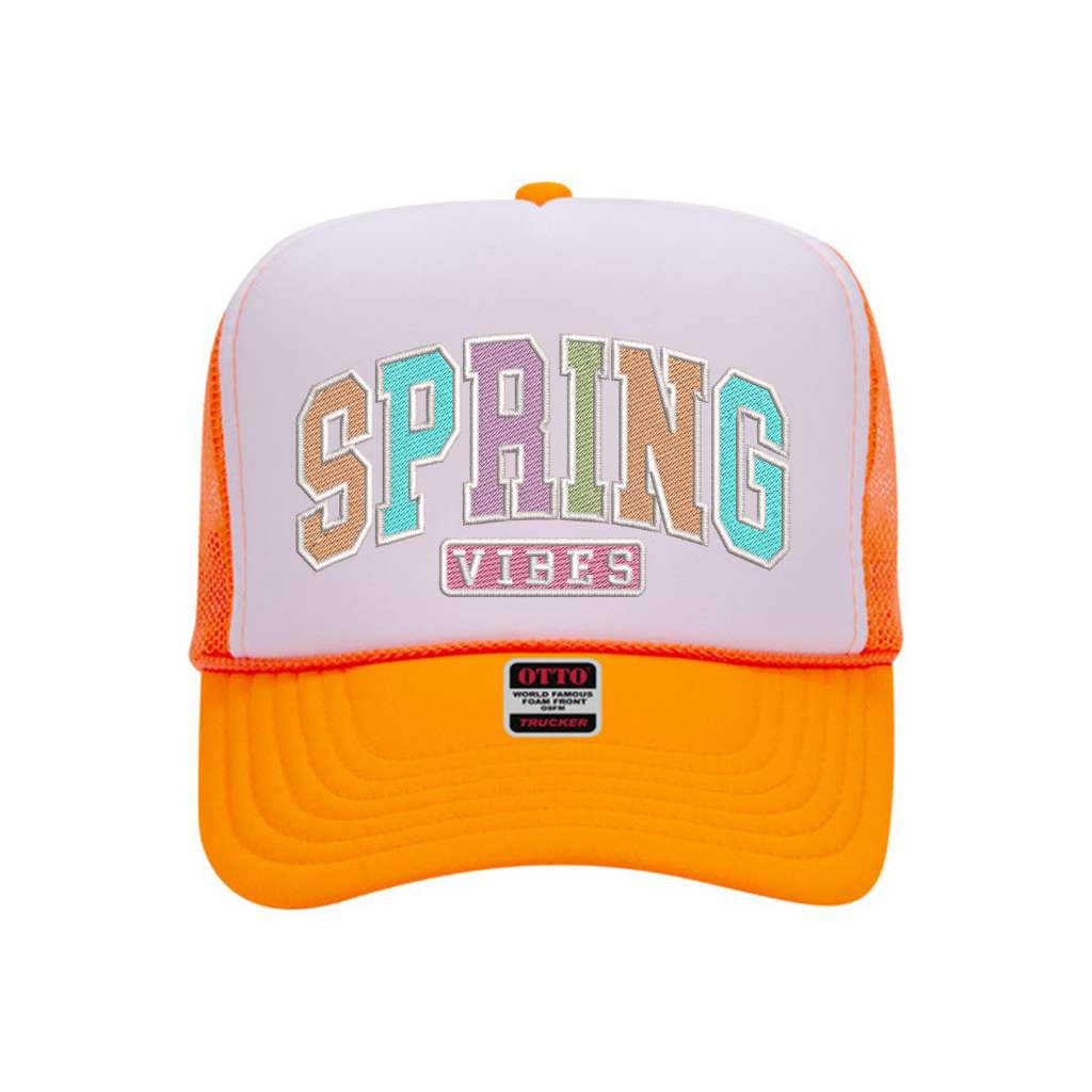 Orange with white front tab foam trucker hat embroidered with the phrase spring vibes on it-DSY Lifestyle