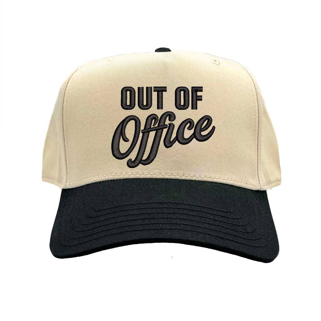 Natural Black Two-tone Out of Office embroidered dad hat with white front panel and beige brim, featuring bold black text and adjustable strap. – DSY Lifestyle.