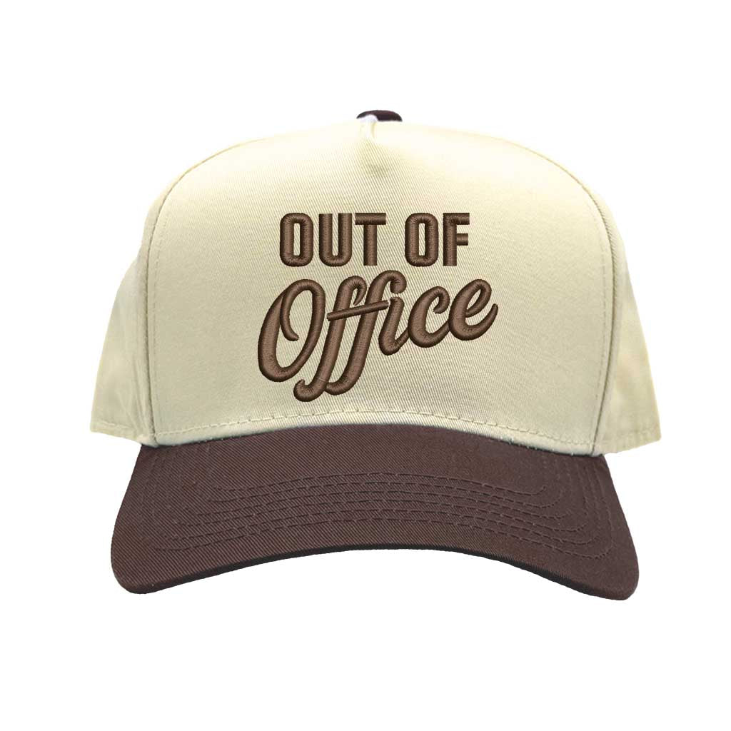 Natural Brown Two-tone Out of Office embroidered dad hat with white front panel and beige brim, featuring bold black text and adjustable strap. – DSY Lifestyle.