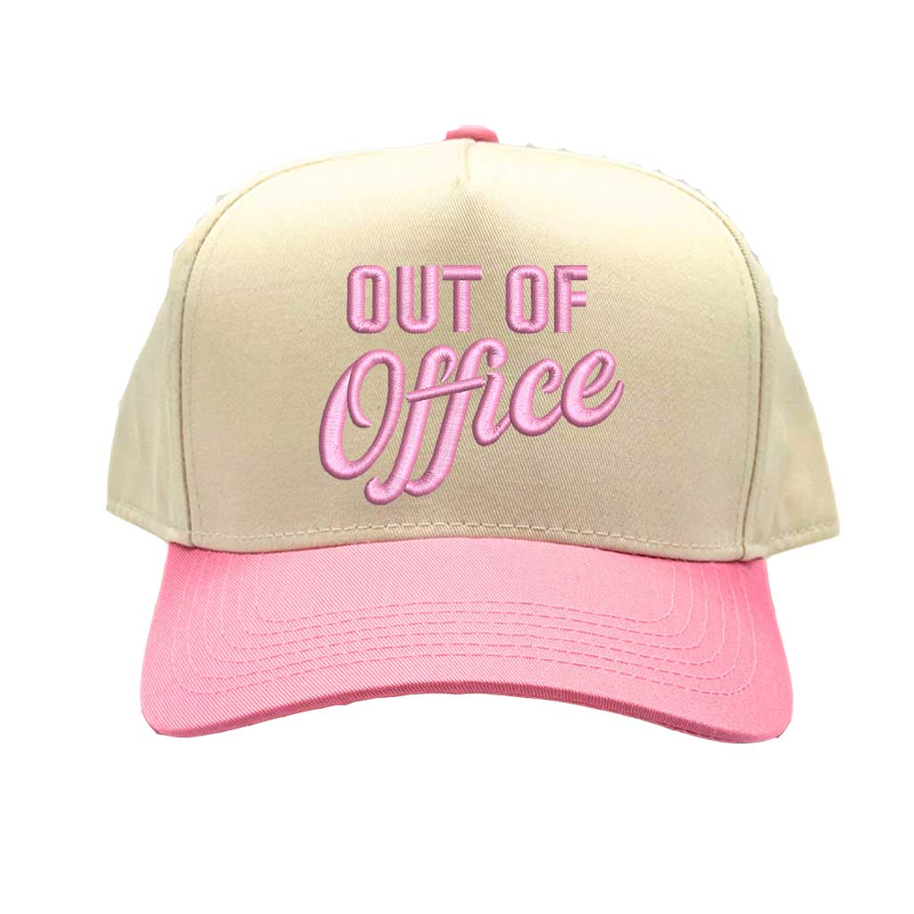 Natural Light Pink Two-tone Out of Office embroidered dad hat with white front panel and beige brim, featuring bold black text and adjustable strap. – DSY Lifestyle.