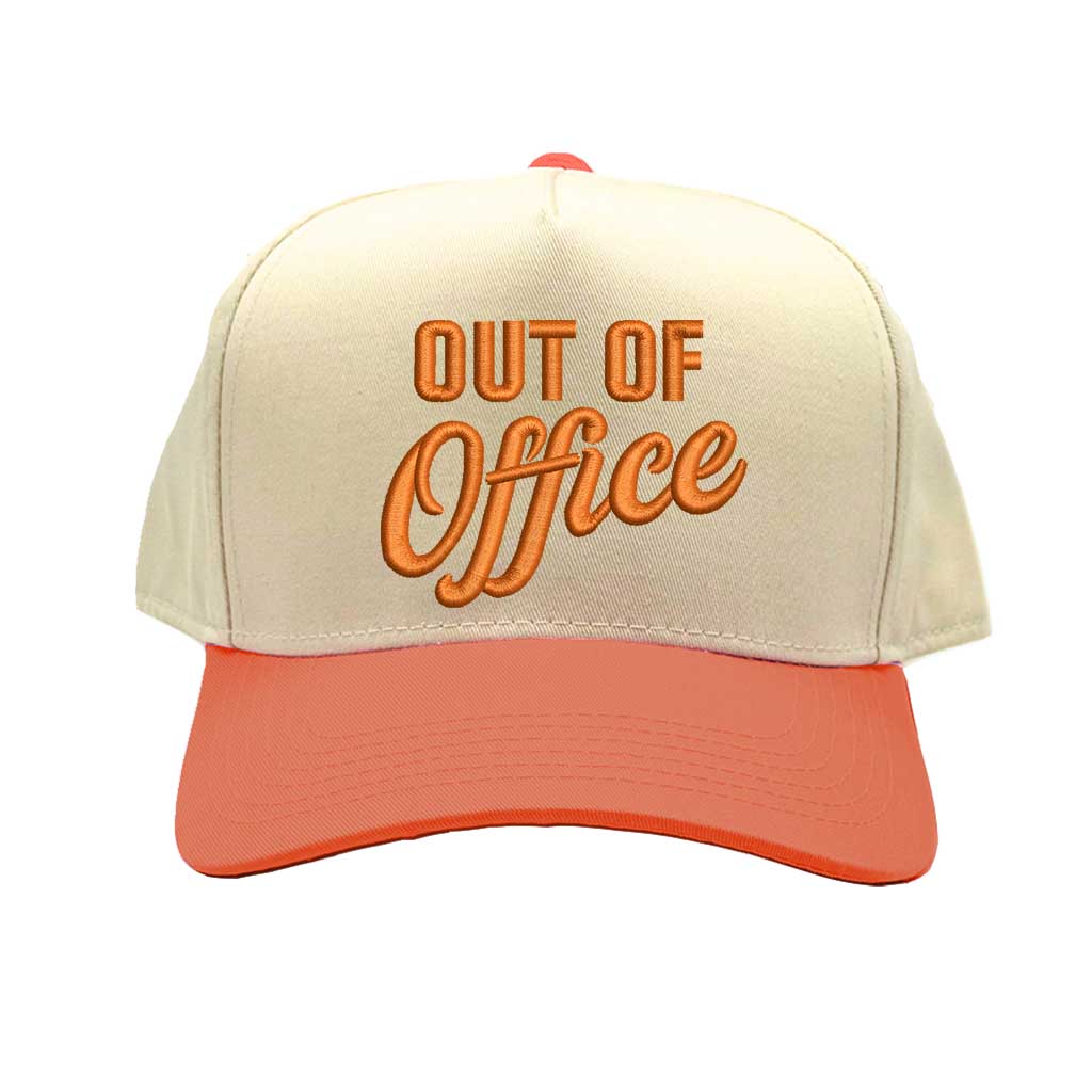 Natural Orange Two-tone Out of Office embroidered dad hat with white front panel and beige brim, featuring bold black text and adjustable strap. – DSY Lifestyle.