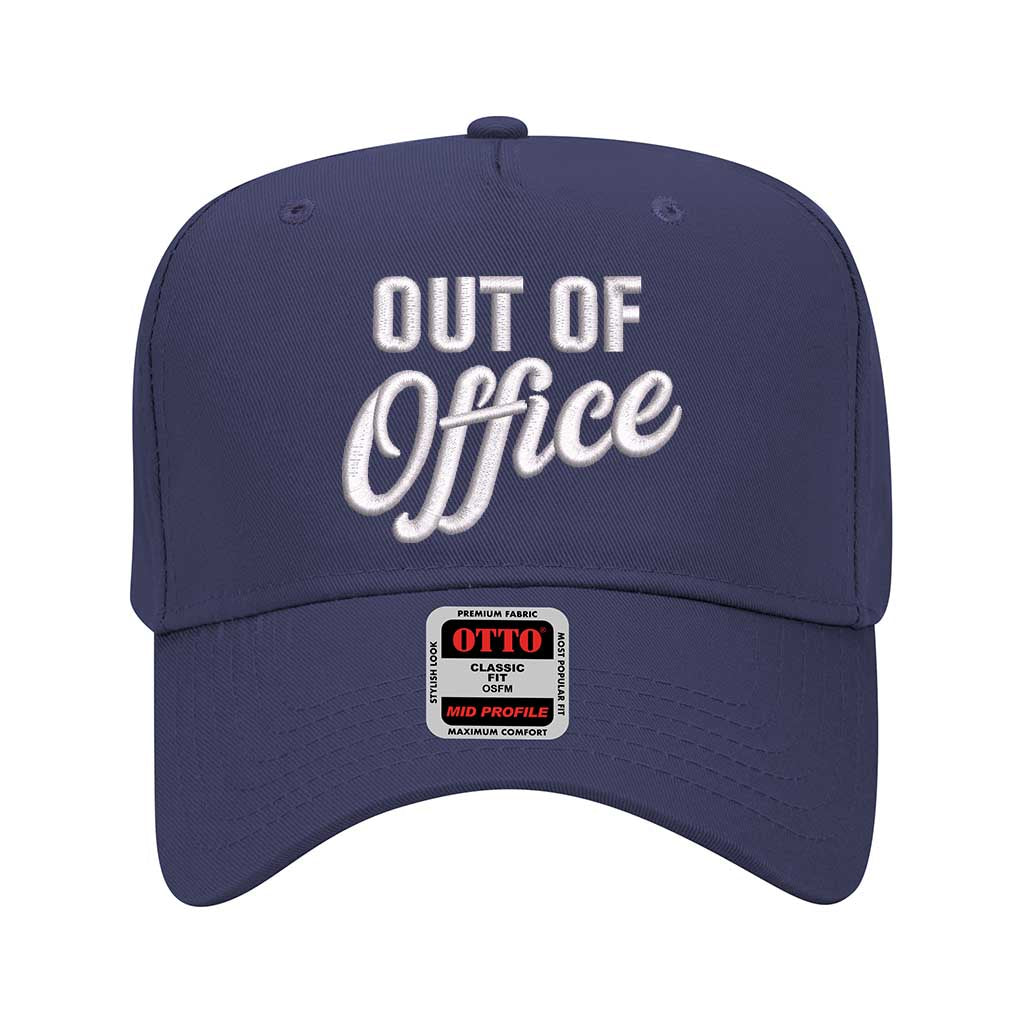 Solid Navy Blue 5 Panel Out of Office embroidered dad hat with white front panel and beige brim, featuring bold black text and adjustable strap. – DSY Lifestyle.