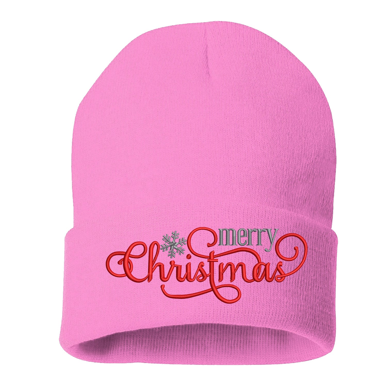 Light Pink Merry Christmas Snowflakes Embroidered Beanie Cap featuring festive embroidered snowflakes and warm winter knit design – DSY Lifestyle