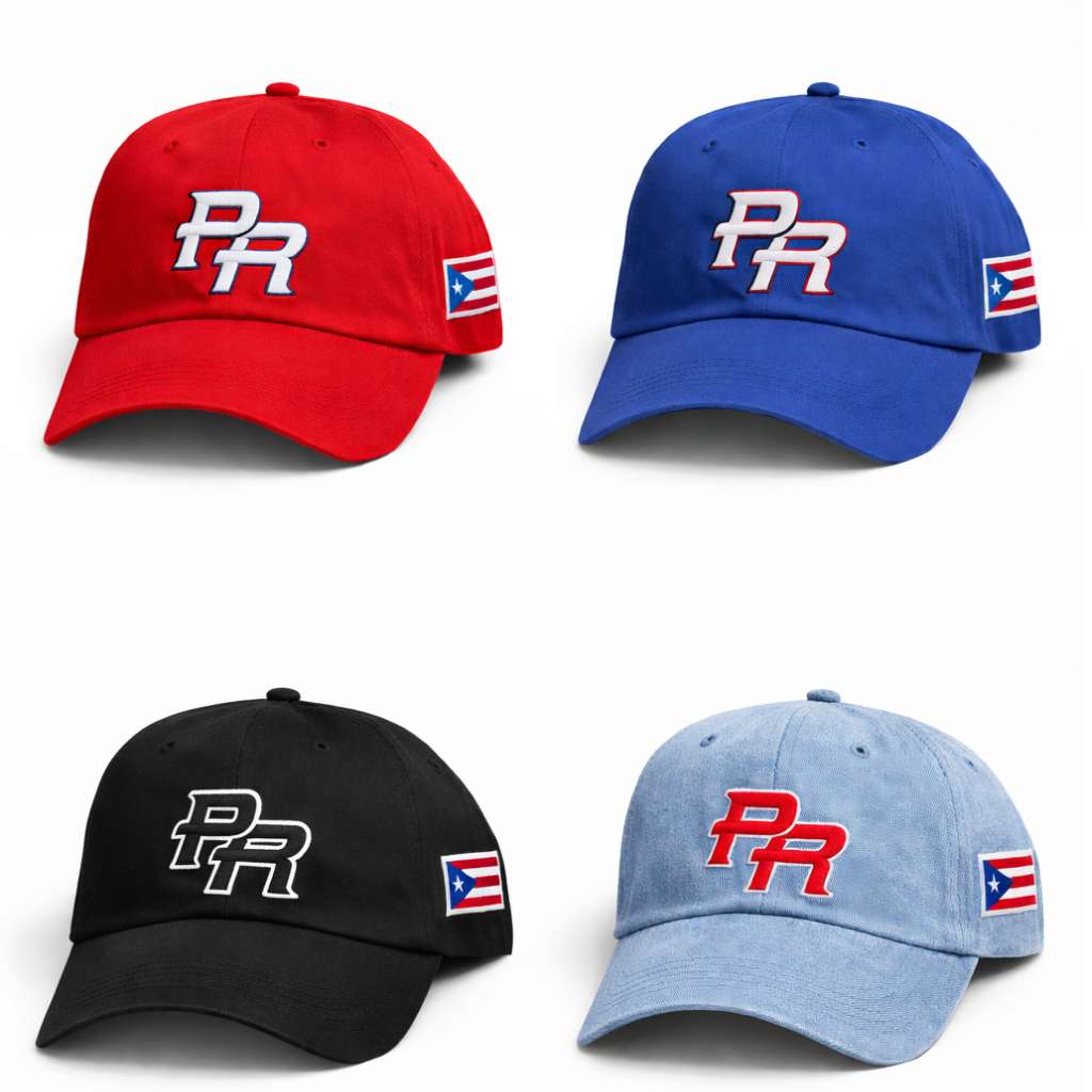 Four baseball caps in red, blue, black, and light blue embroidered with &