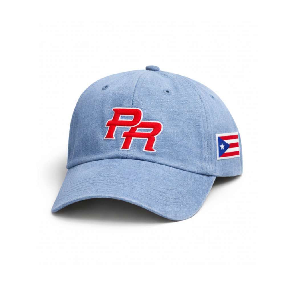 Light Denim cap with PR 3D embroidery and Puerto Rican flag on the side embroidered by DSY Lifestyle