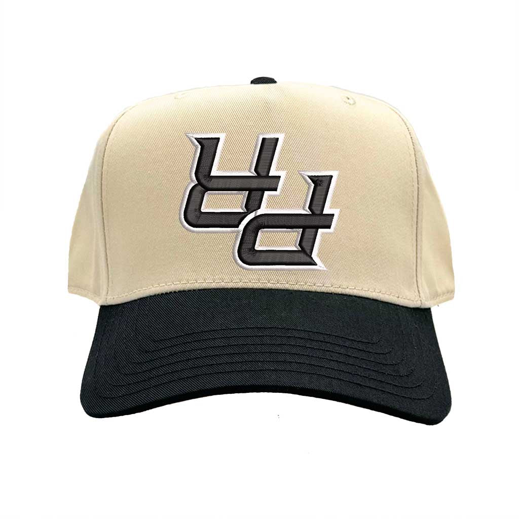 Natural Black Detailed close-up of the premium 3D raised embroidery showing the textured upside-down PR initials on a contrast-colored cap.