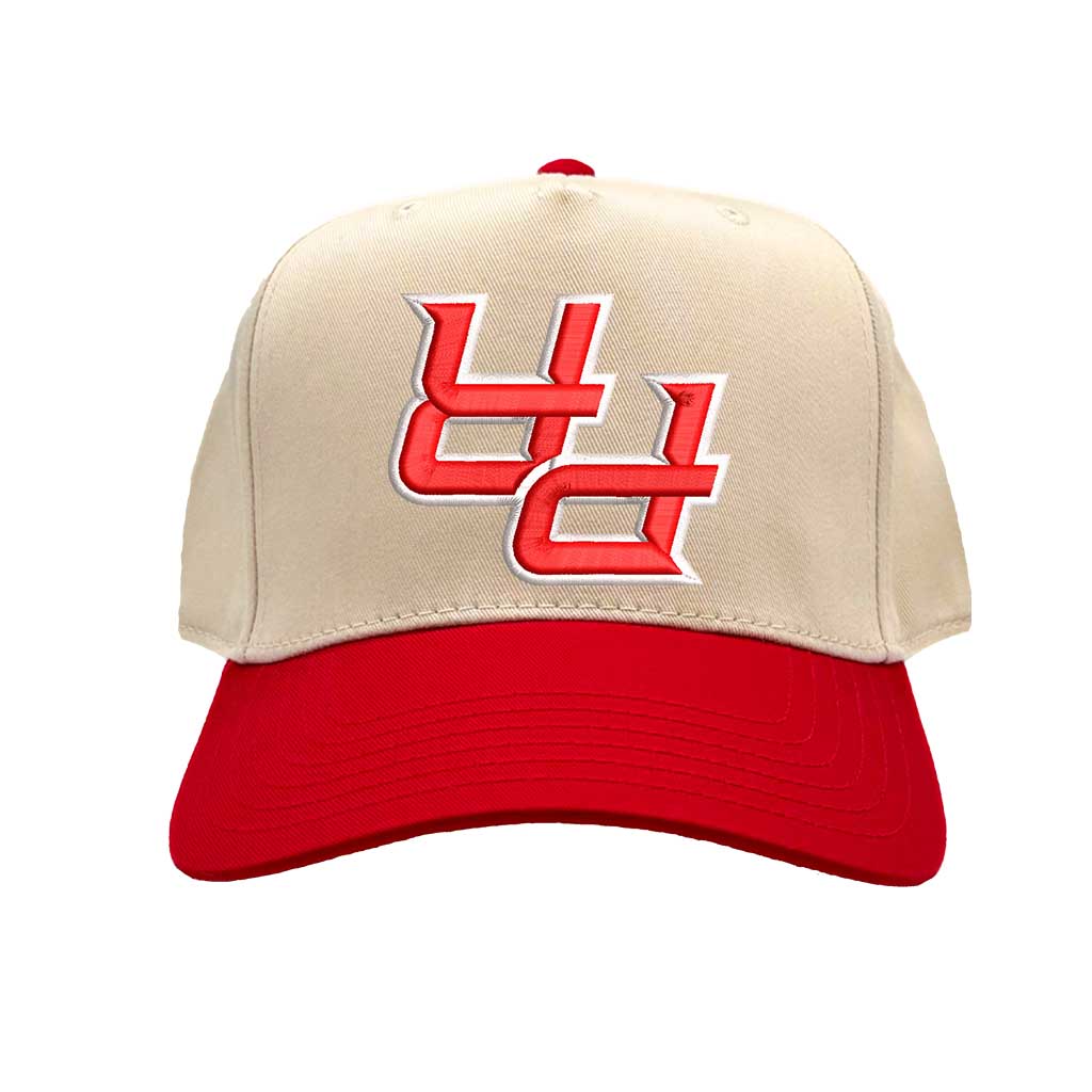 Natural Red Detailed close-up of the premium 3D raised embroidery showing the textured upside-down PR initials on a contrast-colored cap. - DSY Lifestyle