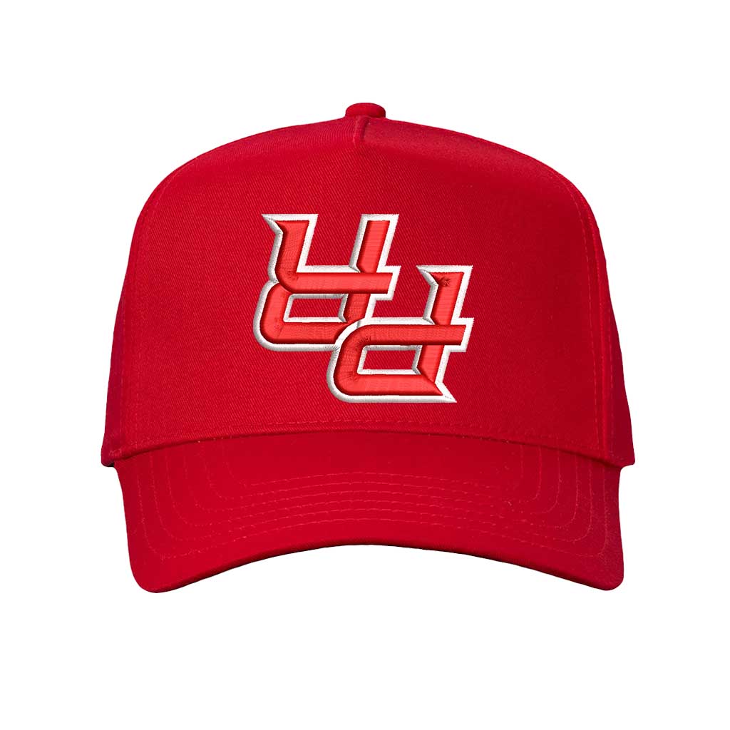 Solid Red Detailed close-up of the premium 3D raised embroidery showing the textured upside-down PR initials on a contrast-colored cap. - DSY Lifestyle