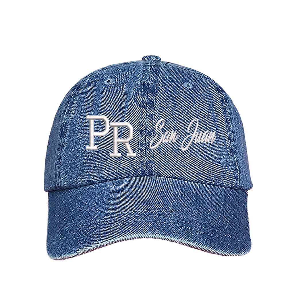 Light Denim PR 3D San Juan Embroidered Baseball Cap – A bold, high-quality hat featuring raised “San Juan” embroidery, perfect for repping Puerto Rico in style – DSY Lifestyle