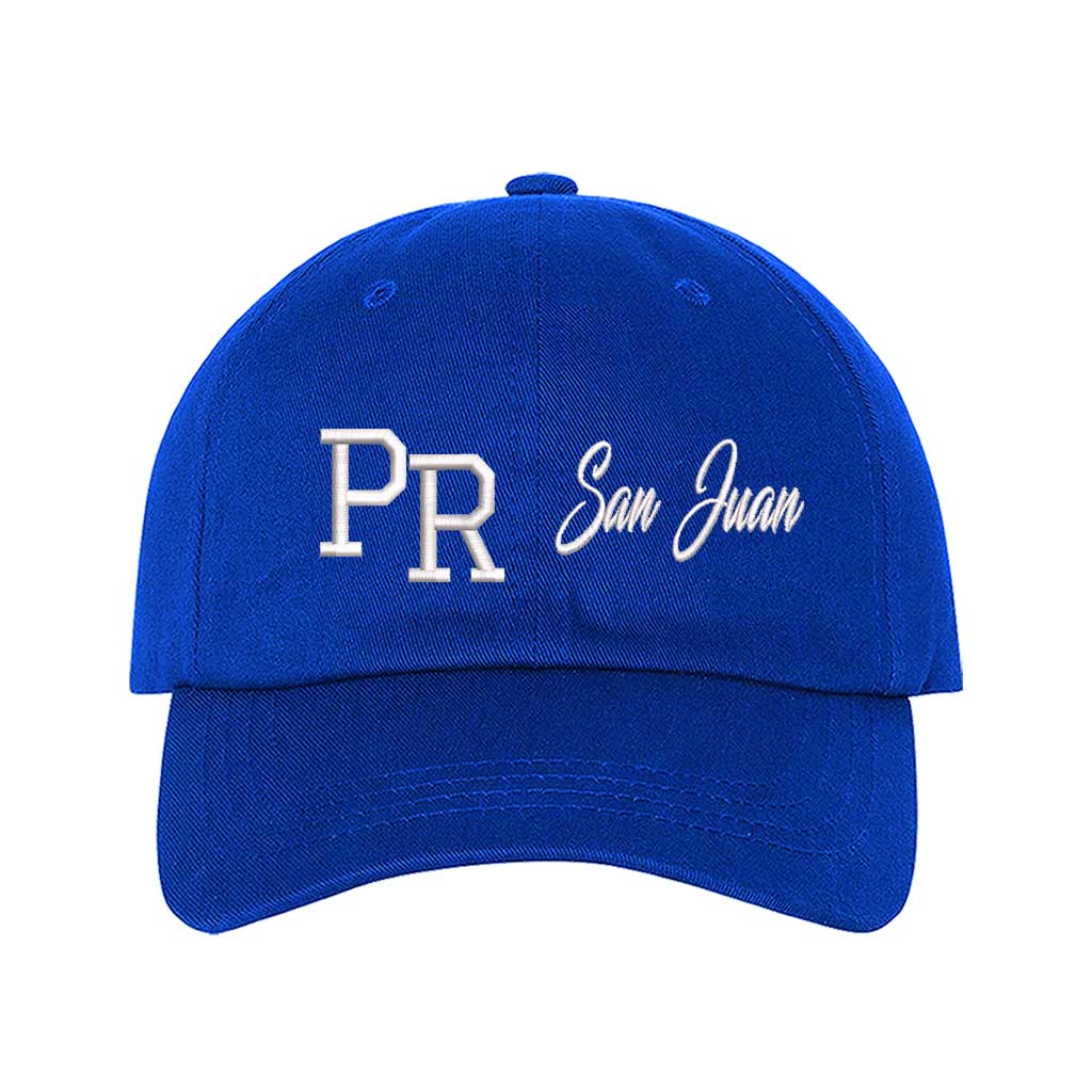 Royal Blue PR 3D San Juan Embroidered Baseball Cap – A bold, high-quality hat featuring raised “San Juan” embroidery, perfect for repping Puerto Rico in style – DSY Lifestyle.