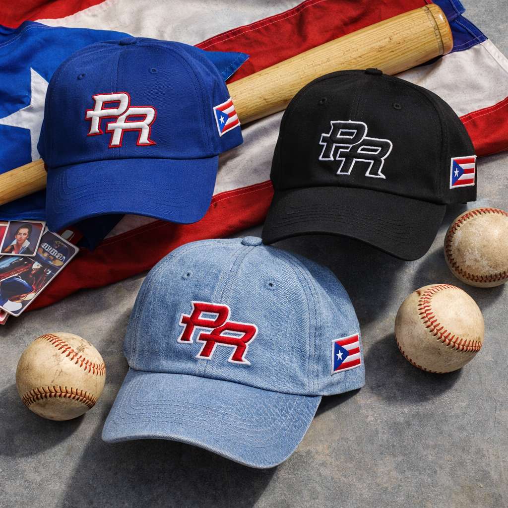 Three baseball caps with PR 3D and Puerto Rico flag on the side with a PR flag and sports equipment background