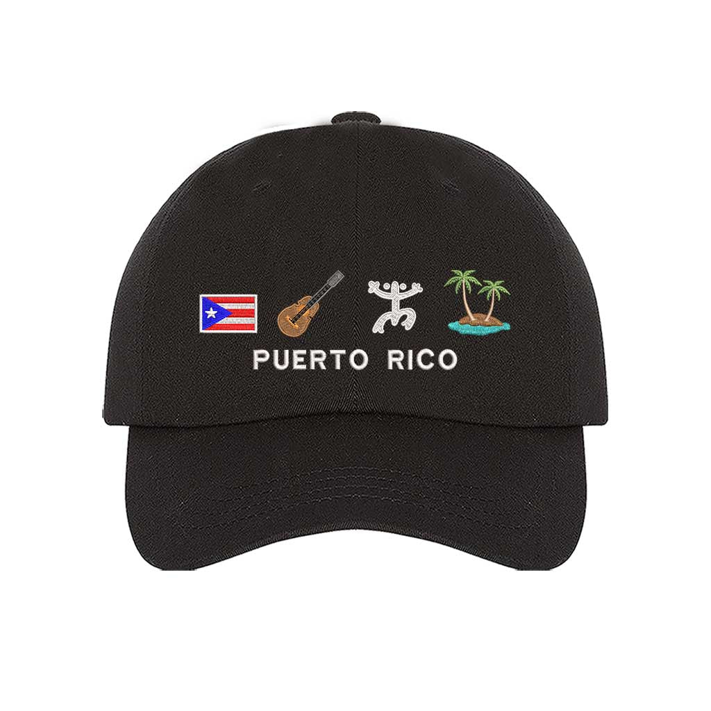 Black Puerto Rico 4 Logo Embroidered Baseball Hat featuring the PR flag, guitar, Taino sun, and palm tree island - DSY Lifestyle