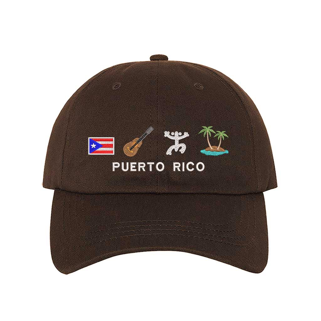 Brown Puerto Rico 4 Logo Embroidered Baseball Hat featuring the PR flag, guitar, Taino sun, and palm tree island - DSY Lifestyle
