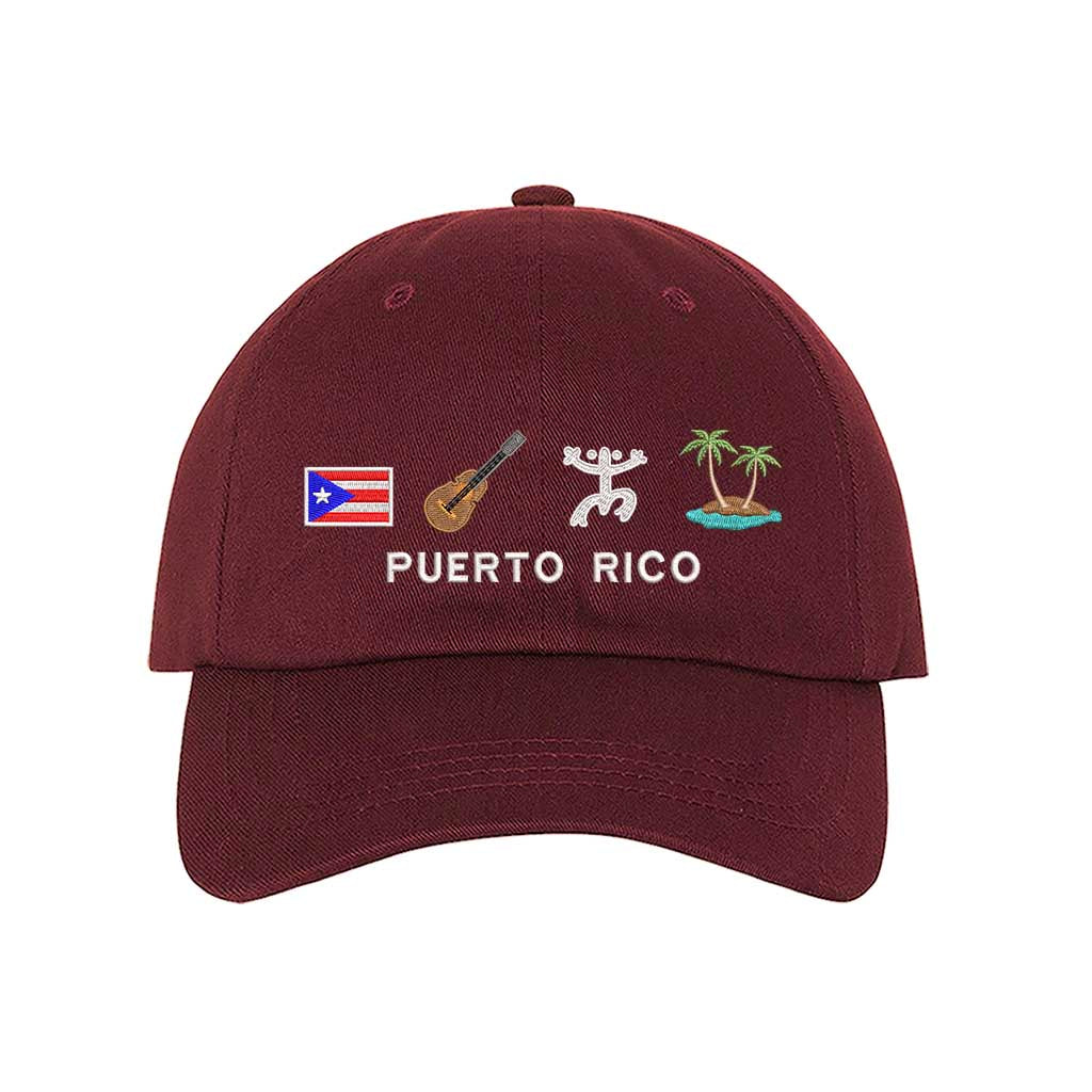 Burgundy Puerto Rico 4 Logo Embroidered Baseball Hat featuring the PR flag, guitar, Taino sun, and palm tree island - DSY Lifestyle