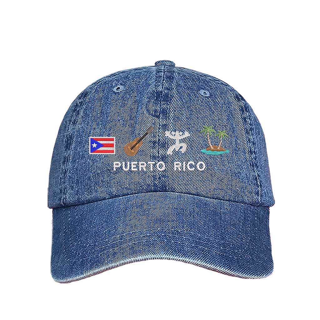 Light Denim Puerto Rico 4 Logo Embroidered Baseball Hat featuring the PR flag, guitar, Taino sun, and palm tree island - DSY Lifestyle