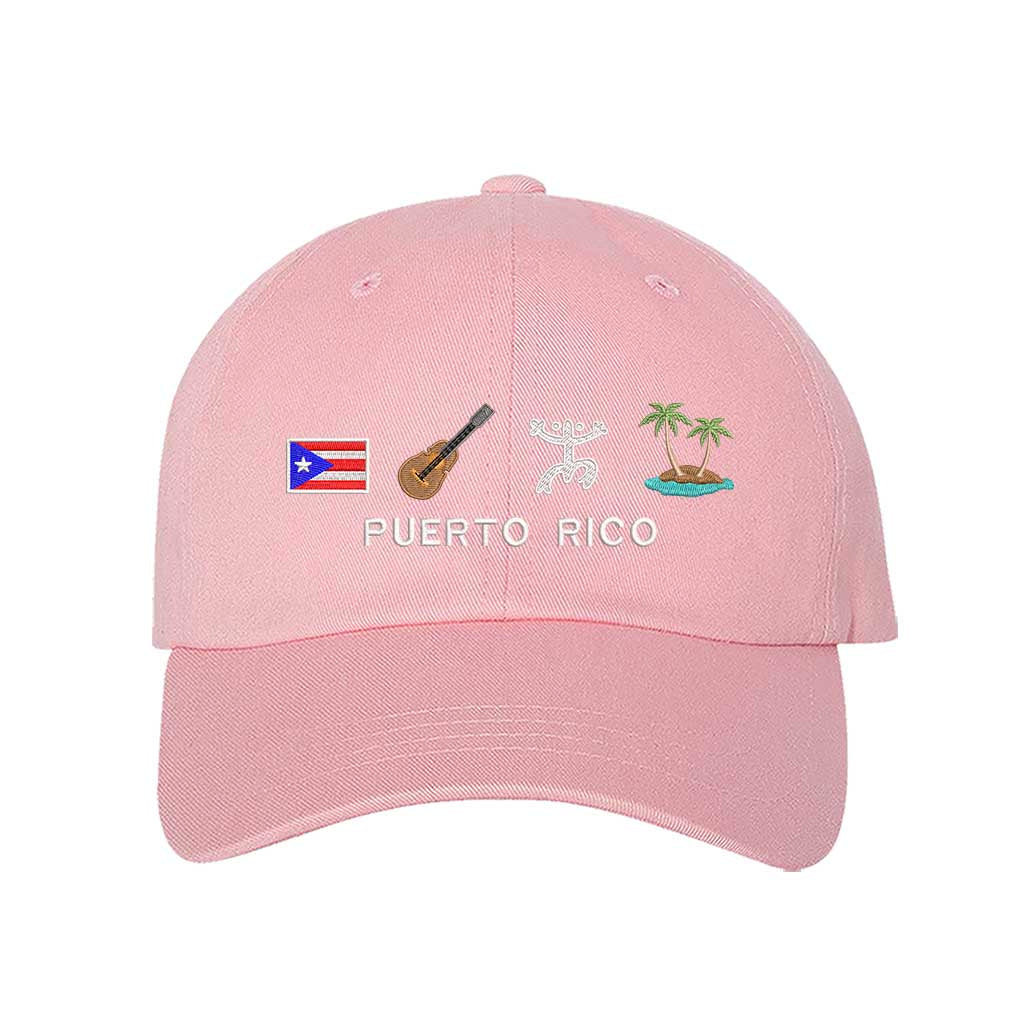 Light Pink Puerto Rico 4 Logo Embroidered Baseball Hat featuring the PR flag, guitar, Taino sun, and palm tree island - DSY Lifestyle