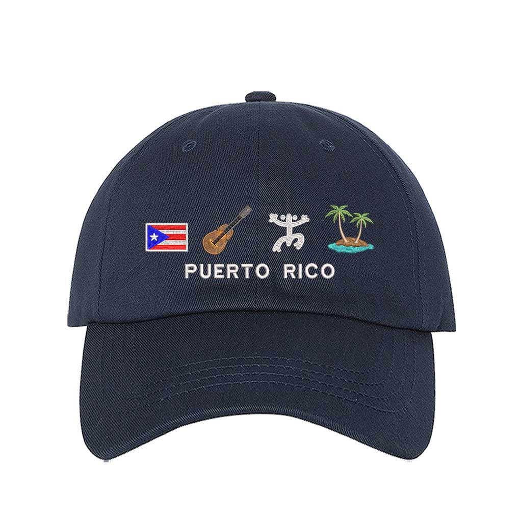 Navy Blue Puerto Rico 4 Logo Embroidered Baseball Hat featuring the PR flag, guitar, Taino sun, and palm tree island - DSY Lifestyle