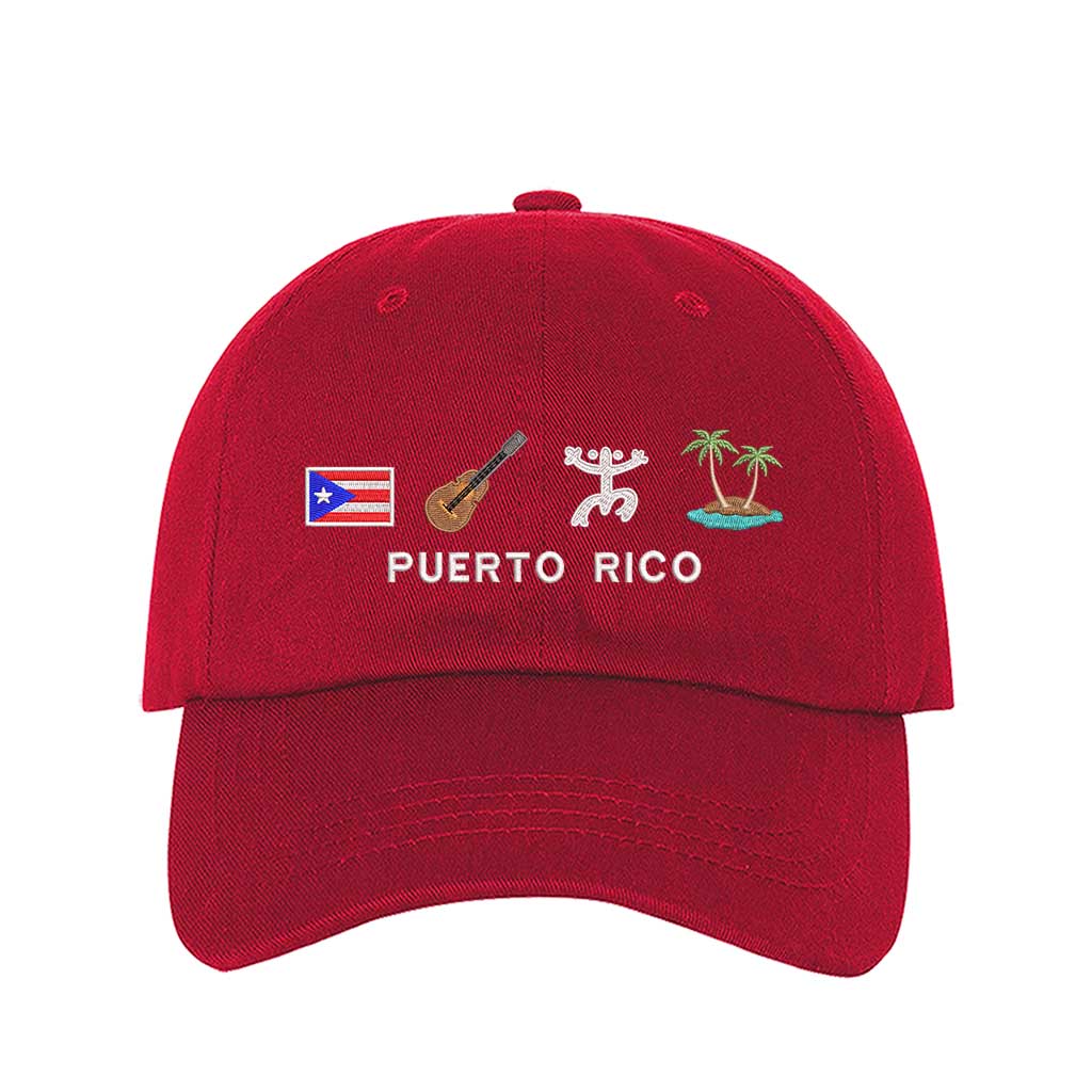 Red Puerto Rico 4 Logo Embroidered Baseball Hat featuring the PR flag, guitar, Taino sun, and palm tree island - DSY Lifestyle