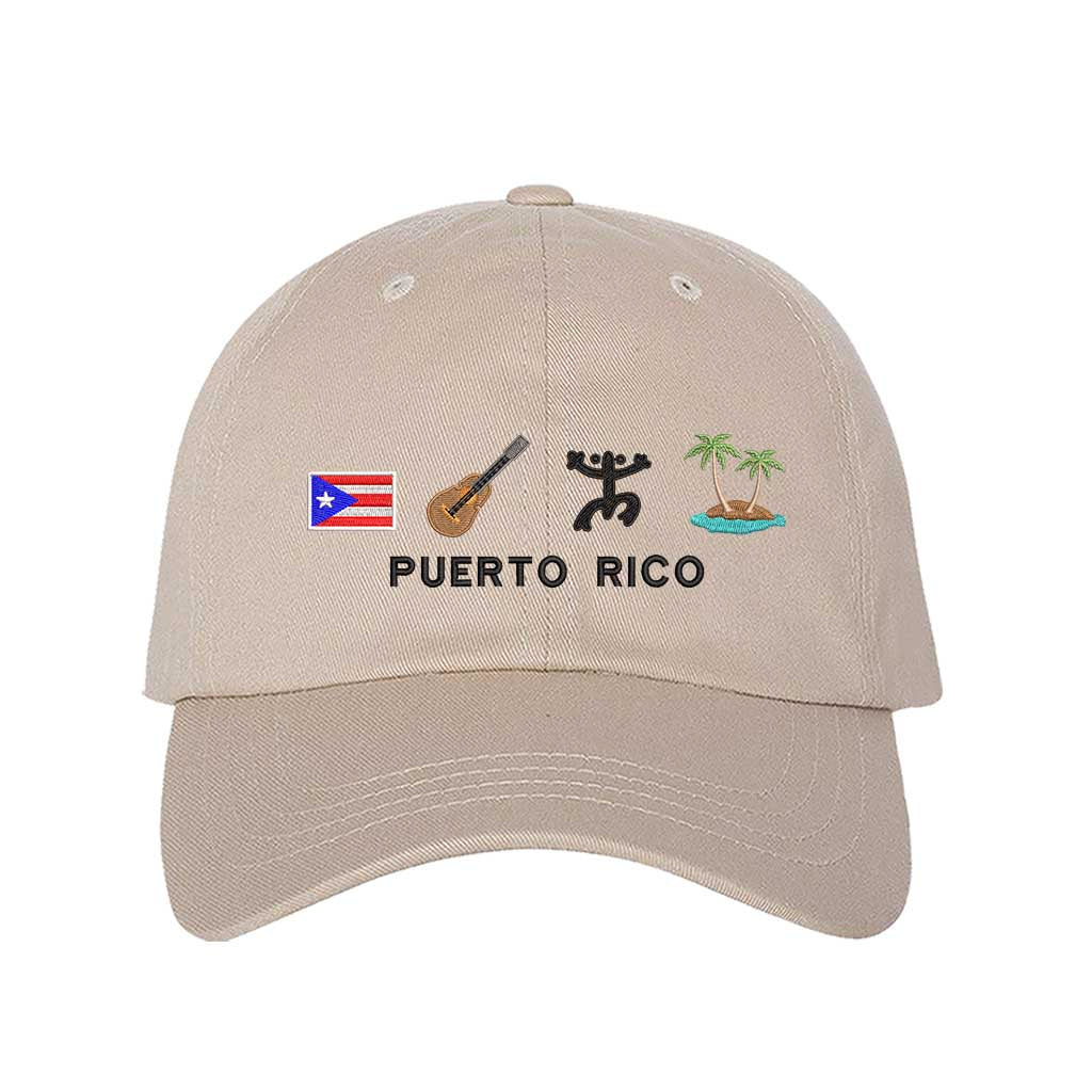 Stone Puerto Rico 4 Logo Embroidered Baseball Hat featuring the PR flag, guitar, Taino sun, and palm tree island - DSY Lifestyle