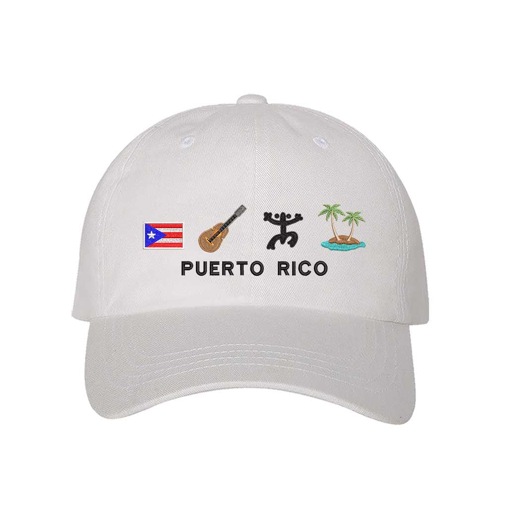 White Puerto Rico 4 Logo Embroidered Baseball Hat featuring the PR flag, guitar, Taino sun, and palm tree island - DSY Lifestyle