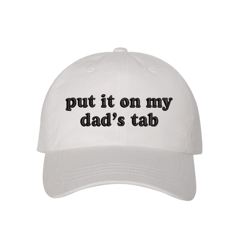 Detail shot of high-quality White Baseball Cap embroidery on the "Put It on My Dad&