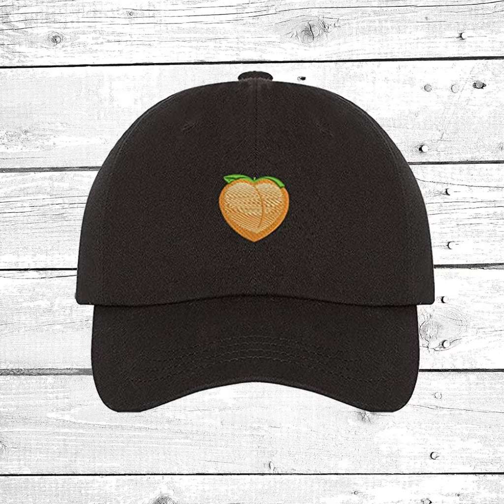 Black Baseball Hat embroidered with a peach emoji- DSY Lifestyle