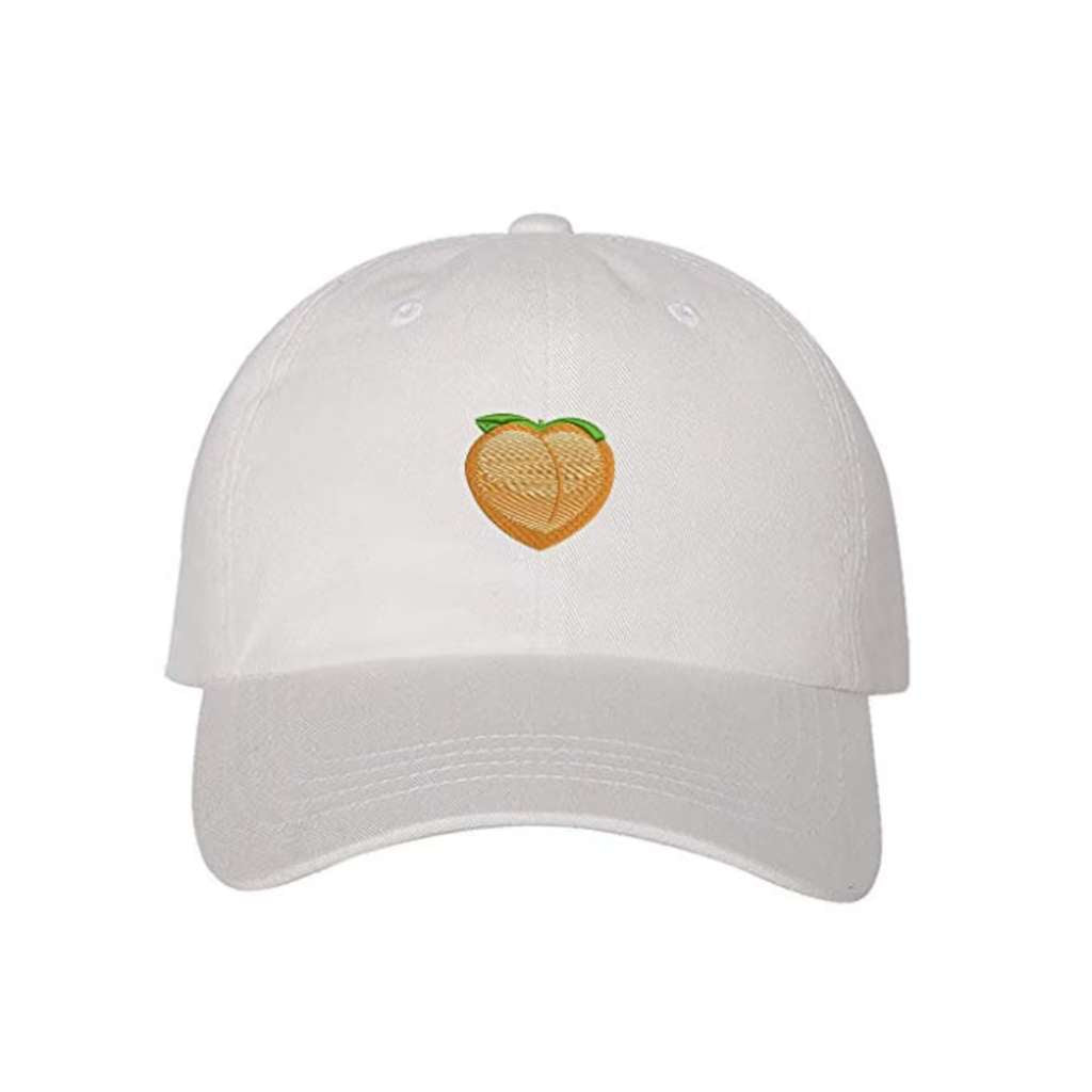 White Baseball Hat embroidered with a peach emoji- DSY Lifestyle