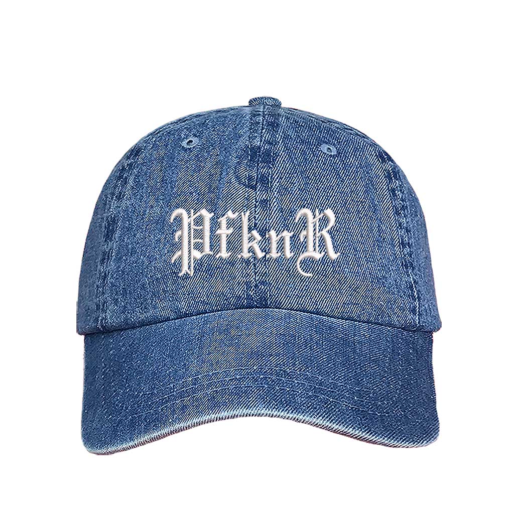 Light Denim embroidered baseball hat featuring "PFKNR" in bold lettering, designed for a confident and stylish streetwear look - DSY Lifestyle