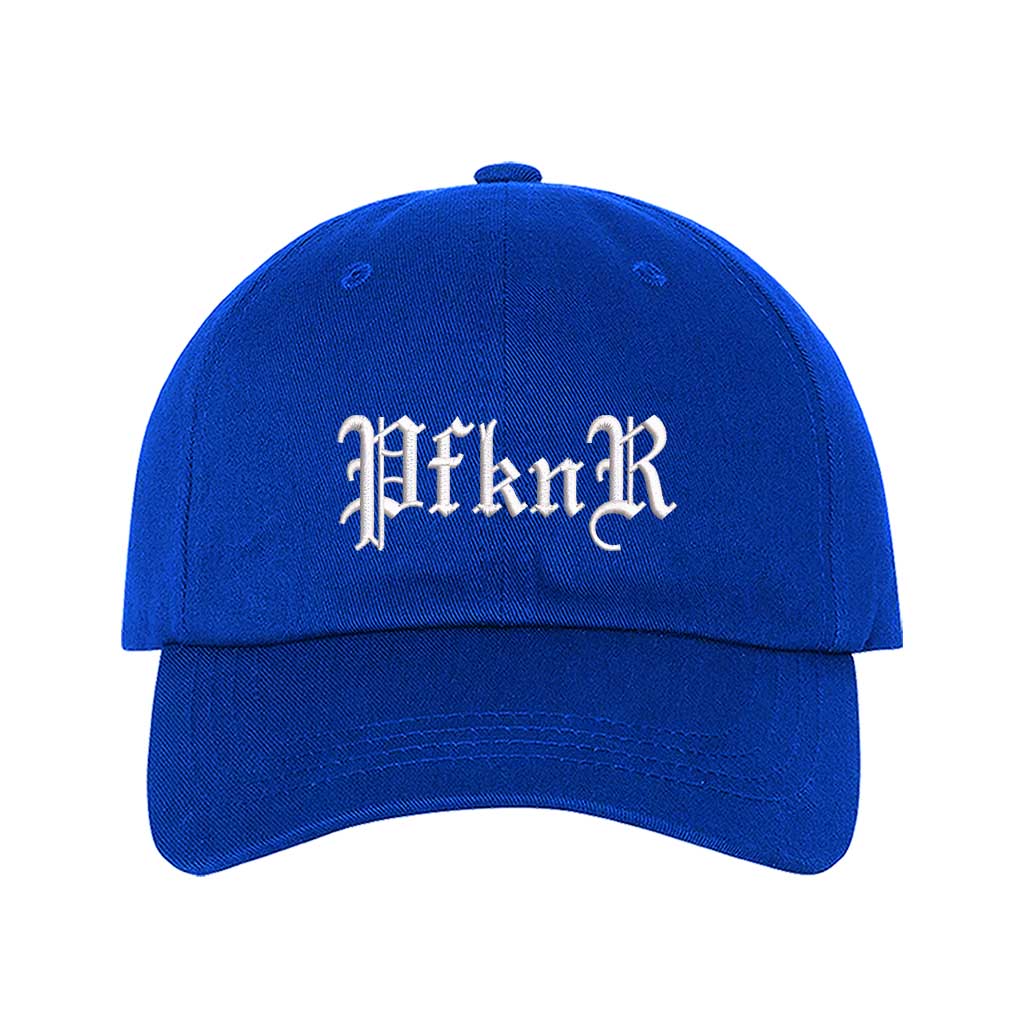Royal Blue embroidered baseball hat featuring "PFKNR" in bold lettering, designed for a confident and stylish streetwear look - DSY Lifestyle