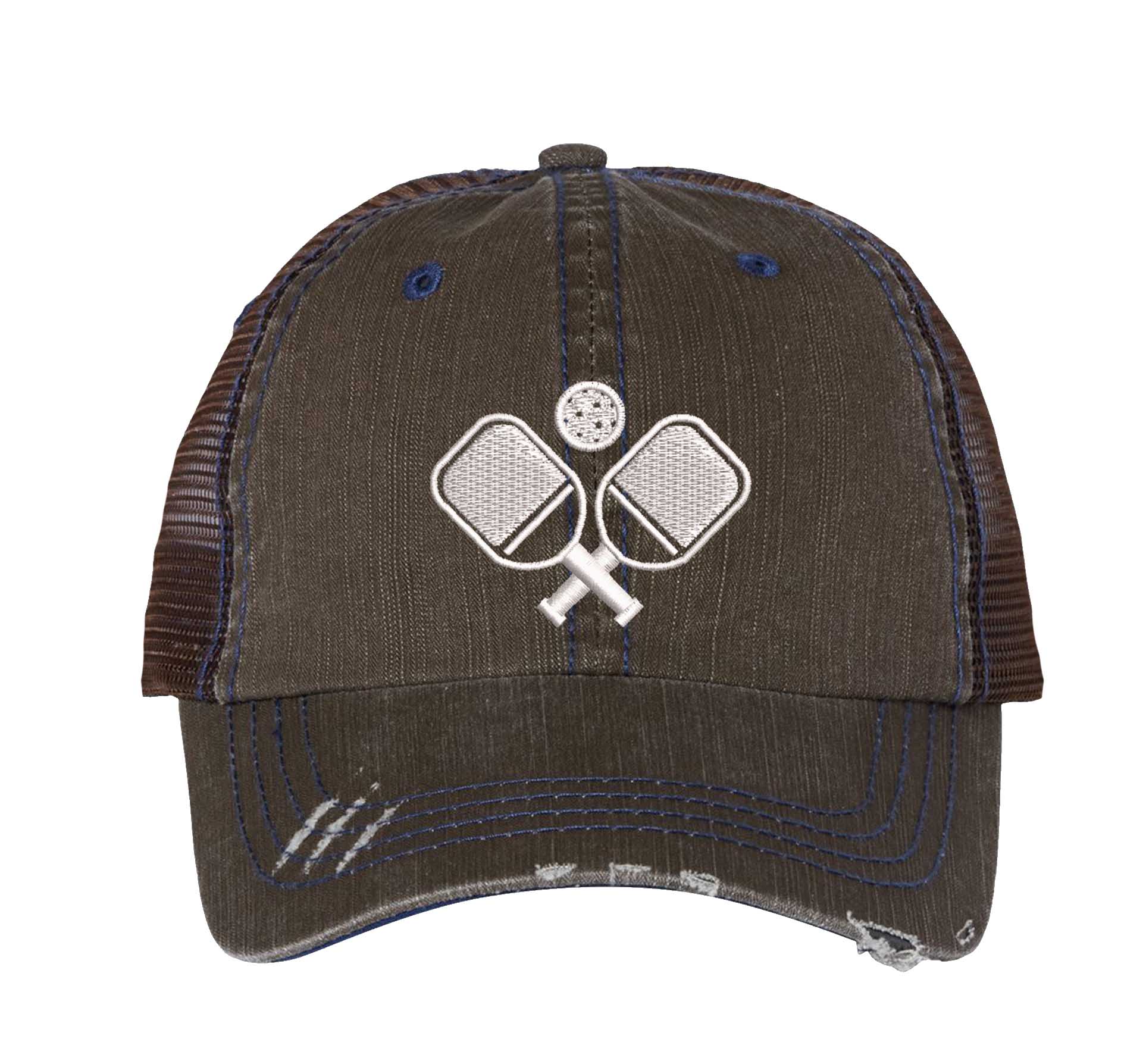 Brown Pickle Ball Distressed Trucker Hat. This premium vintage-style cap is the perfect gift for the unapologetically bold, featuring a breathable mesh back and custom embroidery. - DSY Lifestyle