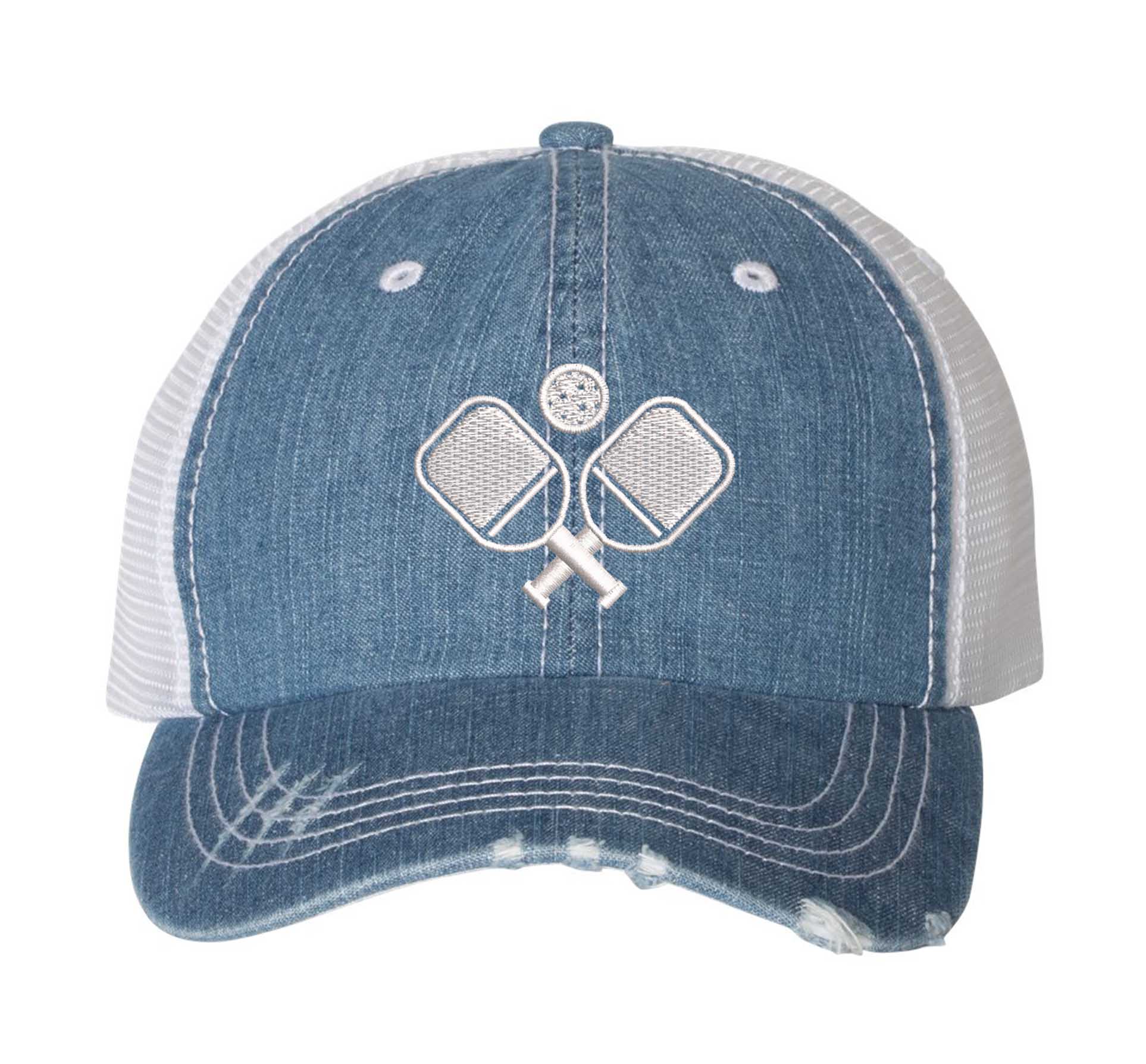 Denim Pickle Ball Distressed Trucker Hat. This premium vintage-style cap is the perfect gift for the unapologetically bold, featuring a breathable mesh back and custom embroidery. - DSY Lifestyle